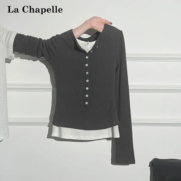 拉夏贝尔撞色假两件半开领针织长袖T恤女秋季学院风修身气质上衣