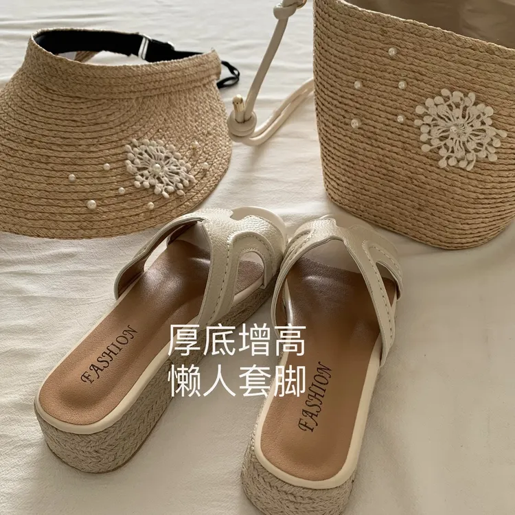 露思同款！INS超火草编松糕一字凉拖鞋高跟厚底坡跟凉鞋女夏沙滩