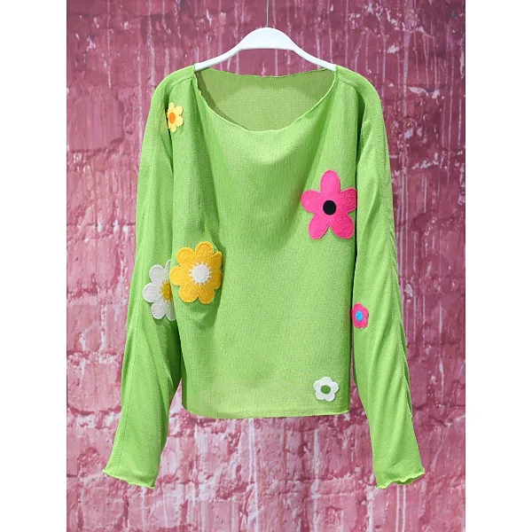 【韩哥女装】夏季欧货设计师苹果绿立体定花长袖爽肤衣8616