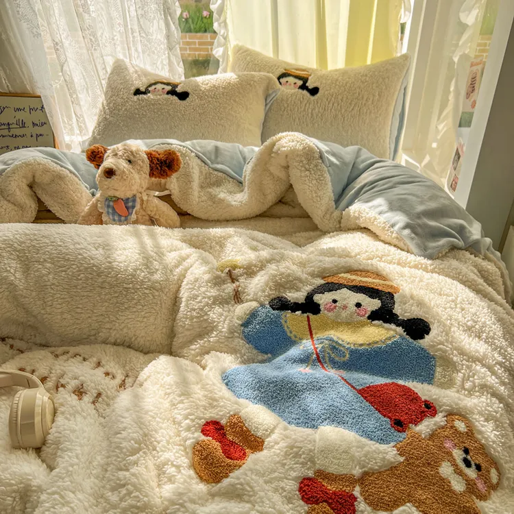 可爱女孩毛巾绣羊羔绒床上四件套加厚牛奶绒被套床单笠宿舍三件套