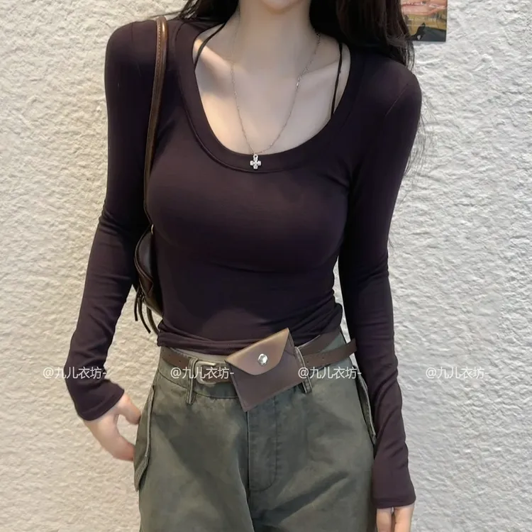 2025新款秋季U领长袖打底衫纯欲辣妹收腰百搭纯色上衣女