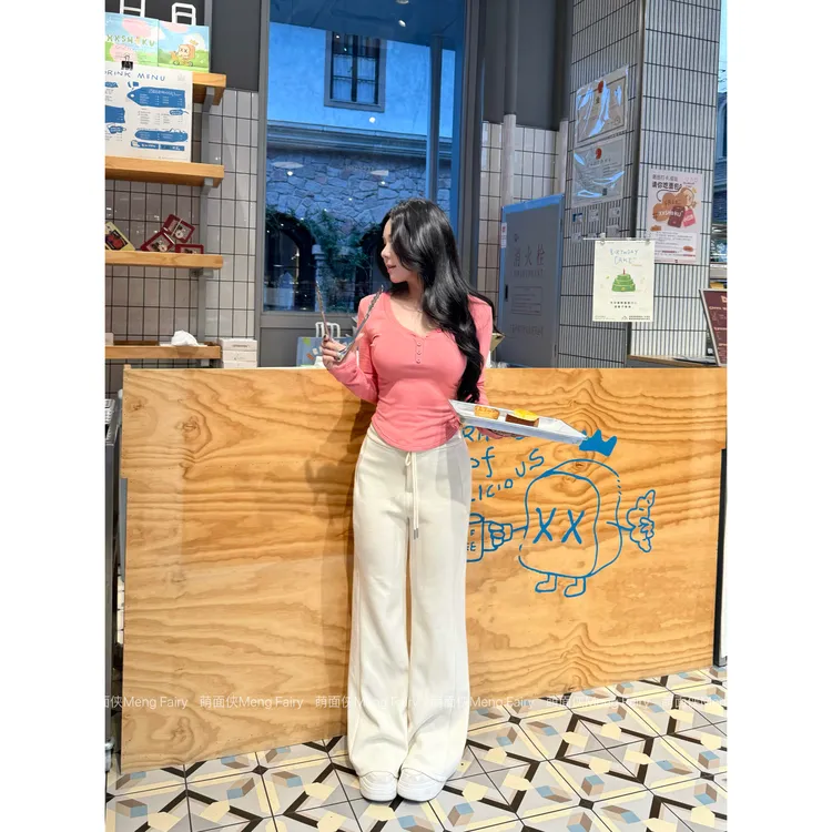 萌面侠【时髦长腿精】羊毛桑蚕丝混纺百搭弹力腰头休闲裤套/装7060M