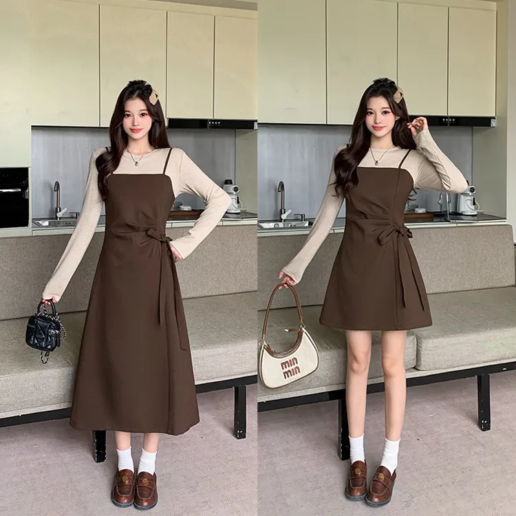 大码女装高级感琥珀流光小众设计感假两件外穿内搭连衣裙6131