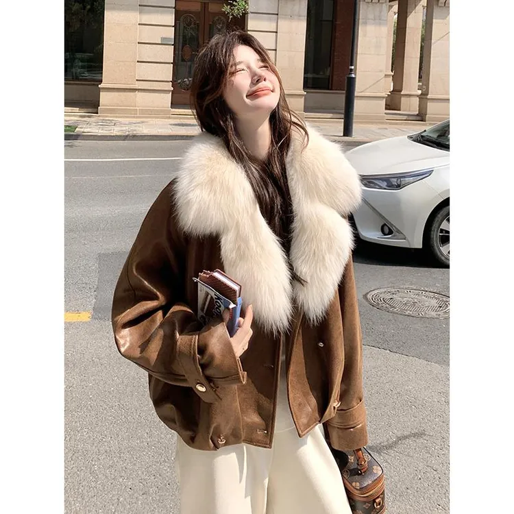 韩系轻奢高级感大毛领机车皮衣羽绒服女小个子2025冬季新款羽绒服