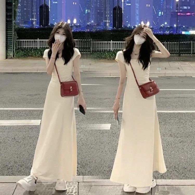 纯欲风鱼尾连衣裙女装夏季2025年新款小众收腰穿搭抽褶长