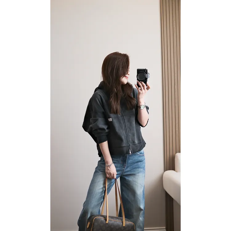 ”玫瑰外套“水洗炒色做旧破洞连帽拉链卫衣外套 深圳货