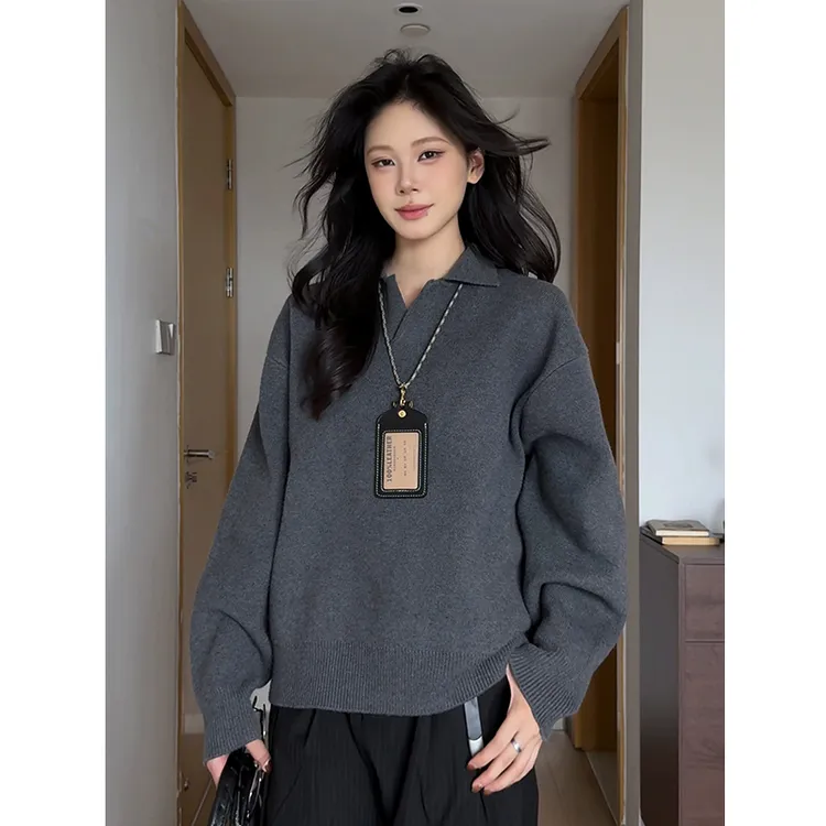 老钱风polo领毛衣男款秋季深灰色v领针织衫宽松慵懒风套头毛线衣