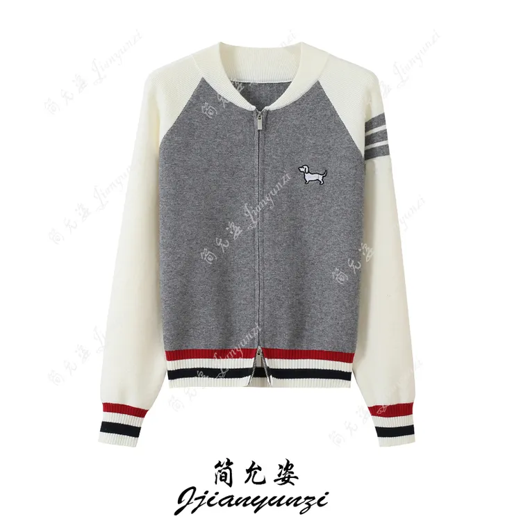 韩系拼色设计感小狗刺绣拉链针织开衫女秋冬季学院风减龄毛衣外套