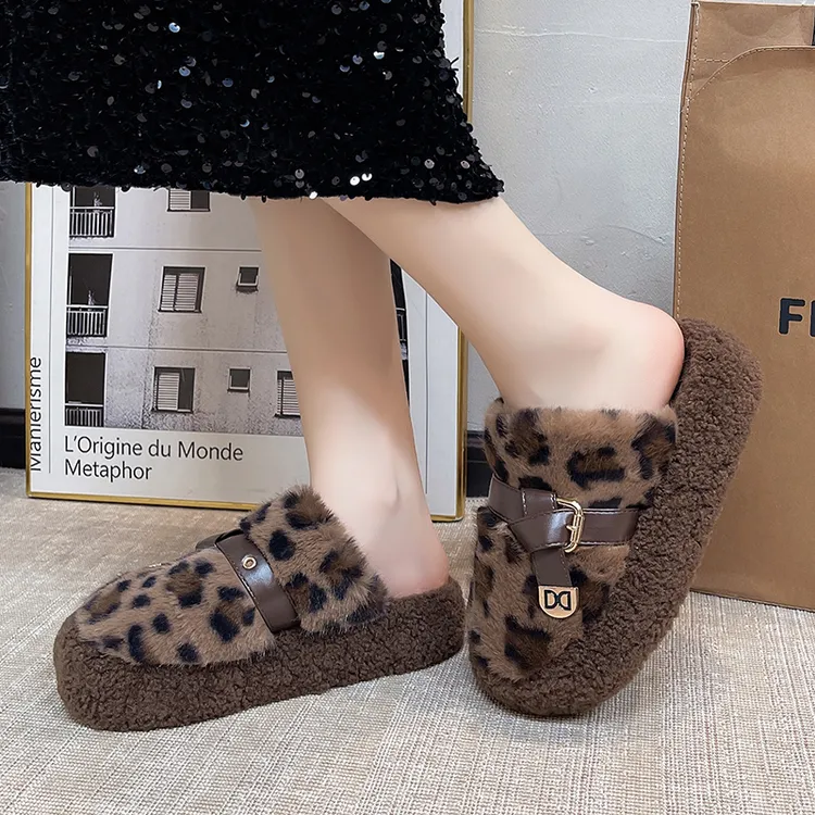 包头毛毛拖鞋秋季平底简约时尚百搭豹纹2025秋季上新6623#