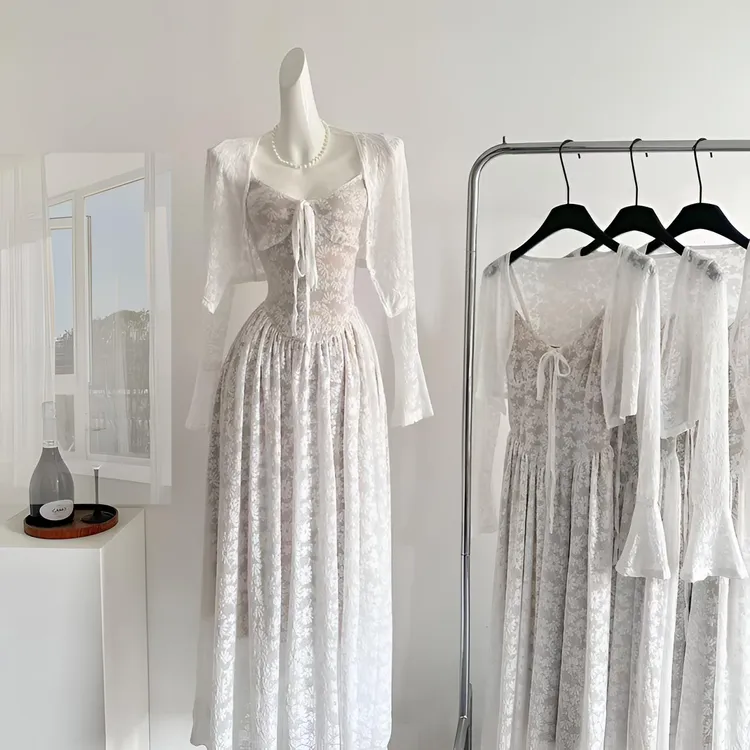 法式吊带连衣裙女2025春季新款白色长裙度假收腰裙子