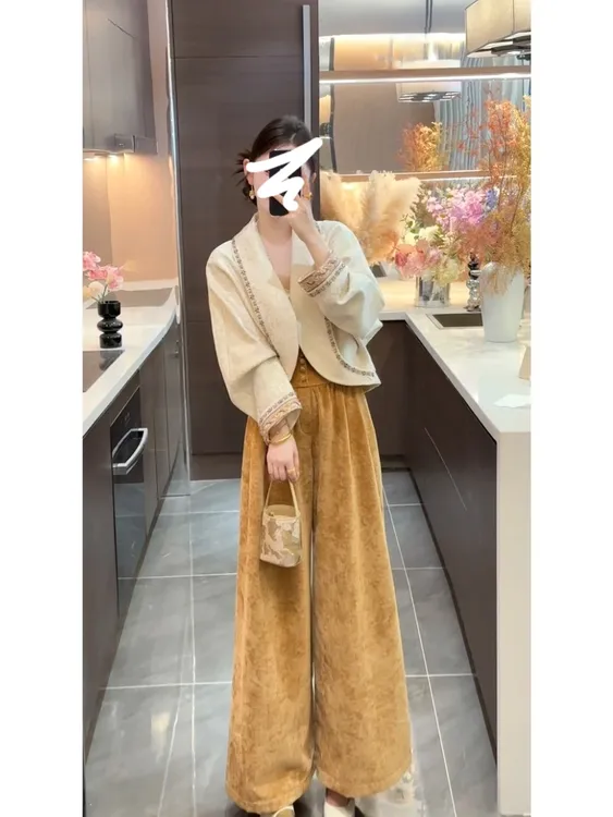 精致优雅国风套装女2025秋冬新款新中式提花短外套阔腿裤两件套