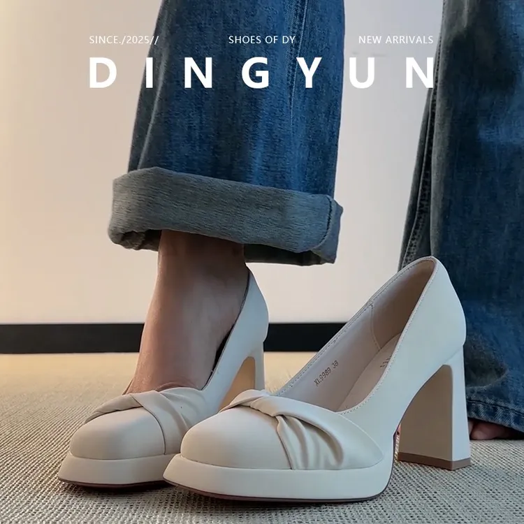 羊皮版dingyun丁允防水台高跟鞋粗跟法式单鞋增高厚底小皮鞋白色