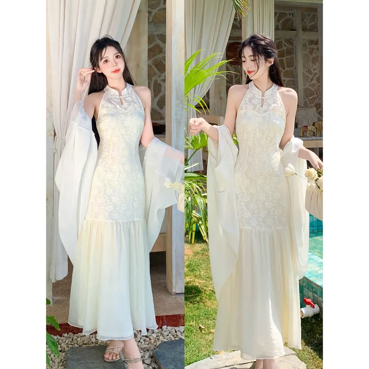 大码雪纺开衫气质炸街内搭穿搭白月光连衣裙女显瘦白色鱼尾摆女装