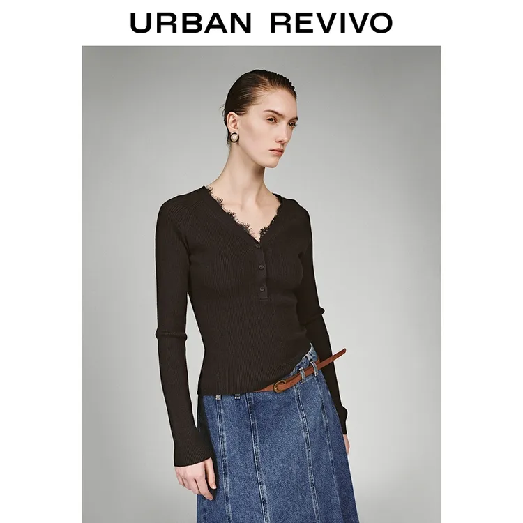 UR2026春季新款女装气质蕾丝V领镂空肌理短款针织衫UWM960003