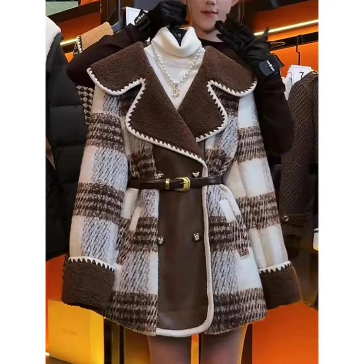 小香风格子毛呢外套女士保暖冬季2025新款高级感气质夹棉棉服大衣