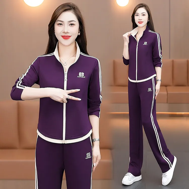 2025秋季新款时尚休闲运动套装女春秋立领宽松显瘦直筒裤两件套潮