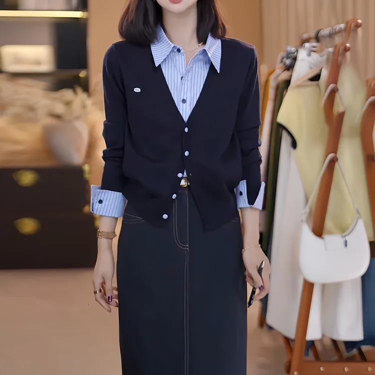 条纹衬衫拼接针织开衫设计感假两件上衣女2025年秋季新款通勤衬衣