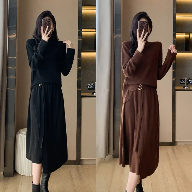7154秋季新款纯色简约毛衣女裙宽松慵懒风高级感圆领针织两件套