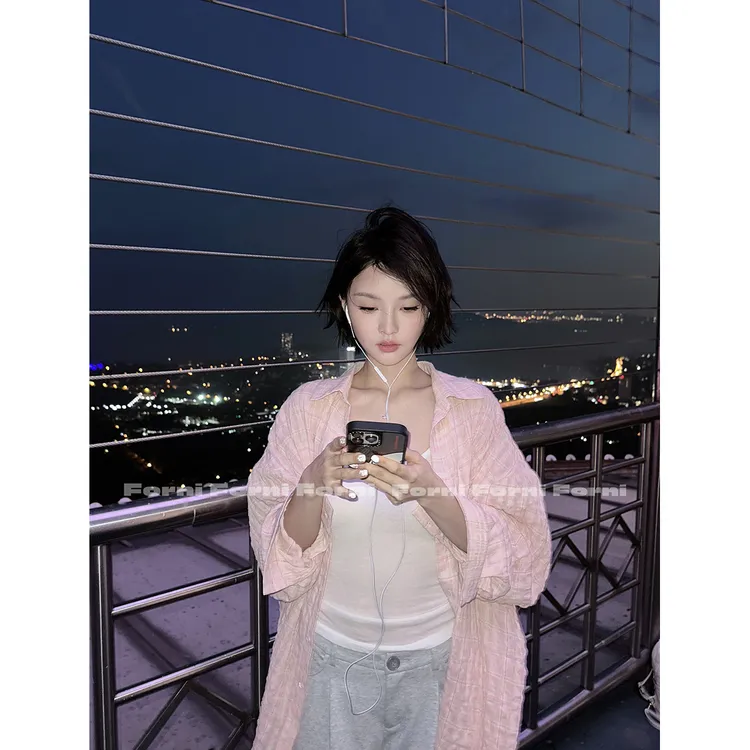 FORNI 彩格衬衫 精梳棉威尔士格纹学院风空气泡泡皱宽松衬衫外套