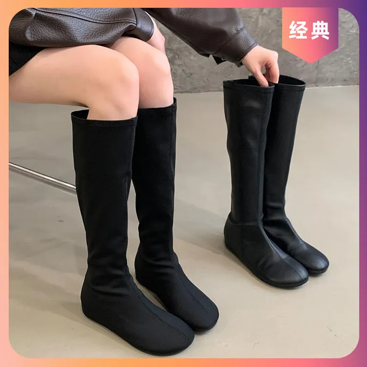 设计头长靴弹力靴百搭瘦瘦靴新款靴子芒果2025秋冬平底复古小众