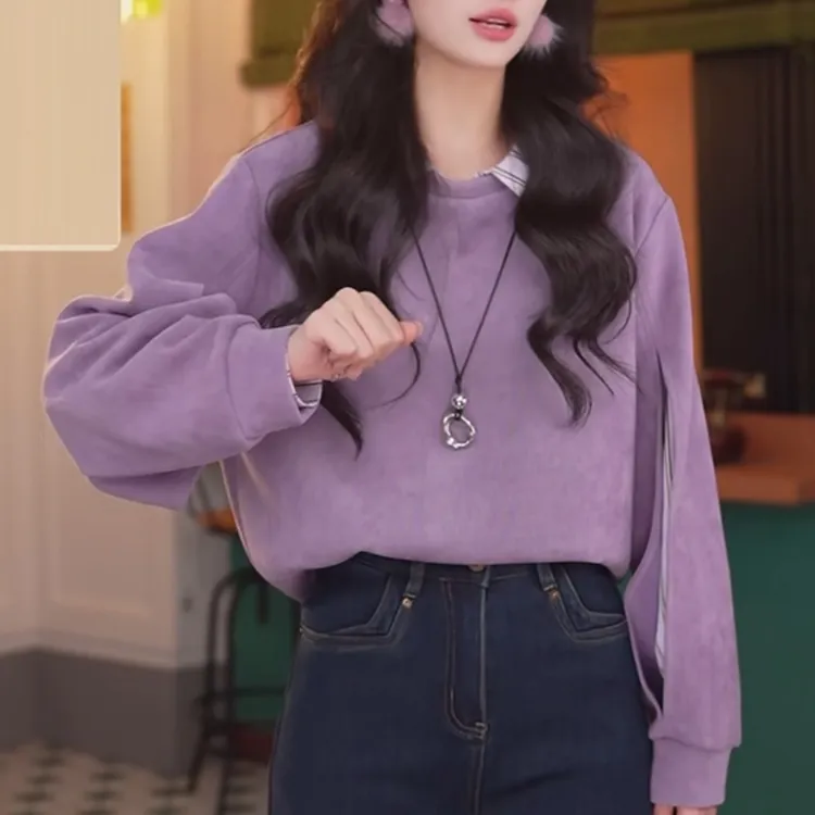 港风复古拼接假两件宽松紫色卫衣女春季新款妈妈休闲百搭气质上衣