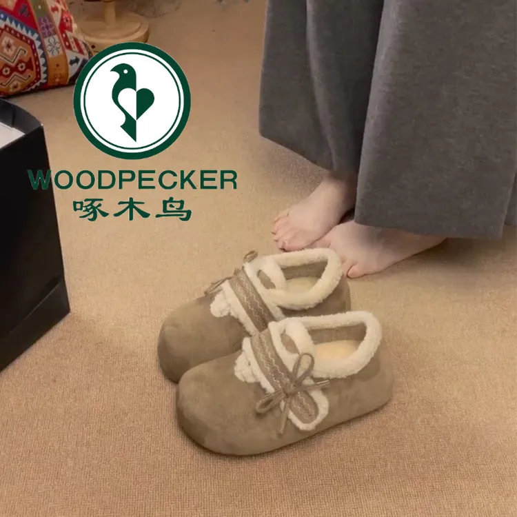 啄木鸟加绒保暖防滑厚底雪地靴女款2025新款冬季外穿复古勃肯棉鞋