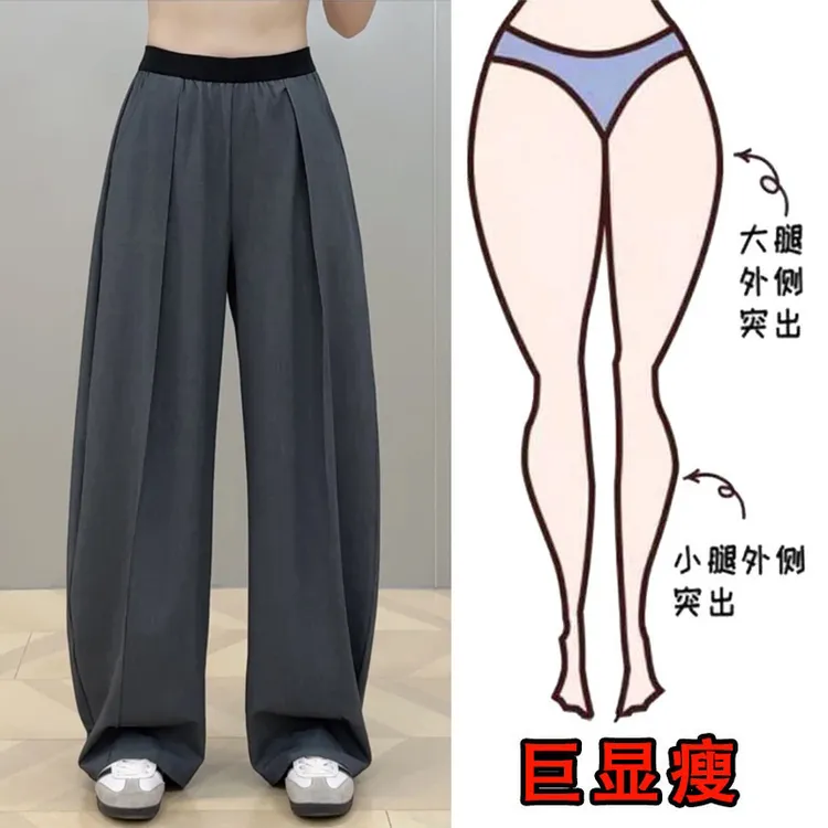 2025夏季薄款大码女装宽松直筒休闲西装裤梨形身材撞色拖地阔腿裤