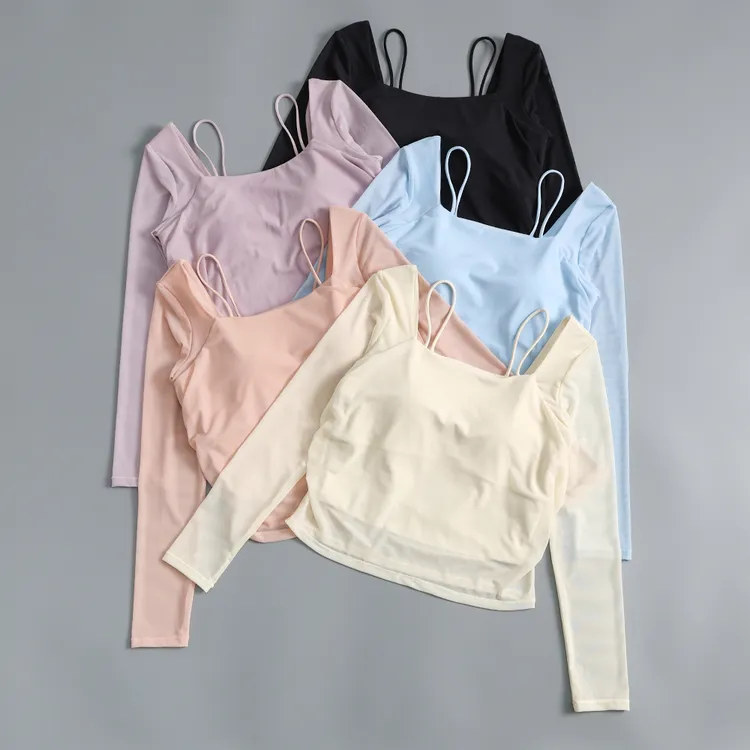 高颜值吊带瑜伽服女网纱带胸垫运动上衣春长袖收腰显瘦训练健身服