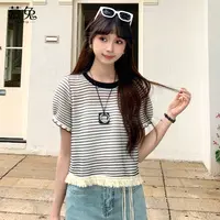 慕兔韩系圆领条纹短袖t恤女2025夏季新款小个子宽松显瘦流苏上衣