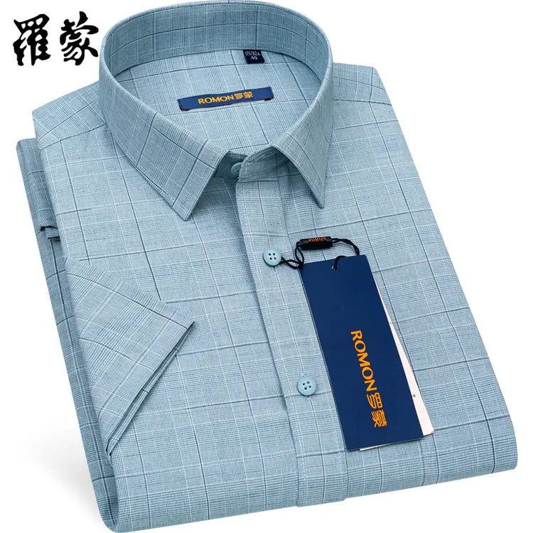 罗蒙夏季短袖衬衫男士商务休闲半袖中老年格子抗皱宽松爸爸装衬衣