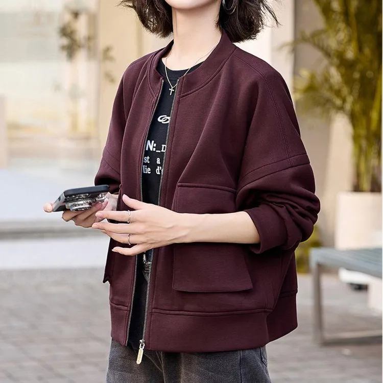 安可拉红休闲百搭立领外套女短款2024春秋季时尚宽松显瘦开衫卫衣