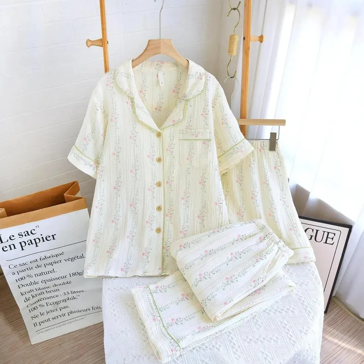 【蔷薇花拍一发三】睡衣女士套装夏春季舒适宽松短袖长裤家居服外穿