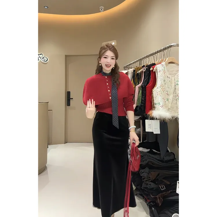 涵儿家 秋冬气质款斗篷+V领针织衫（带飘带）VS 松紧腰丝绒鱼尾半裙