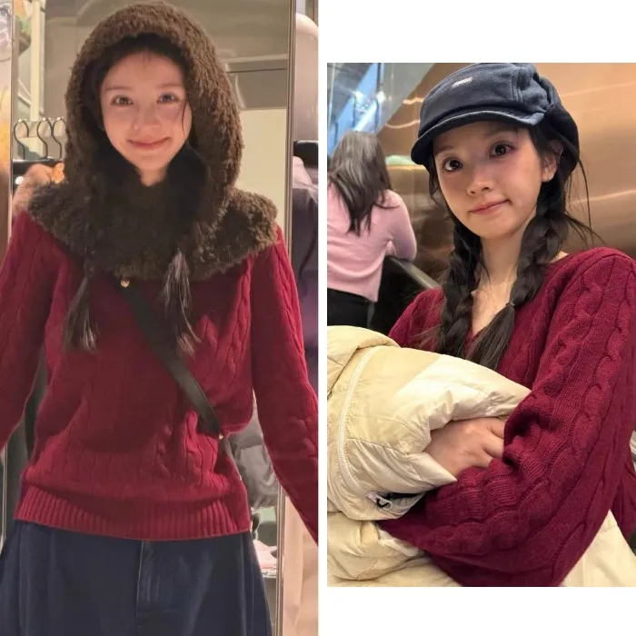 田曦薇酒红色麻花套头V领毛衣女秋冬韩系百搭休闲针织衫气质上衣