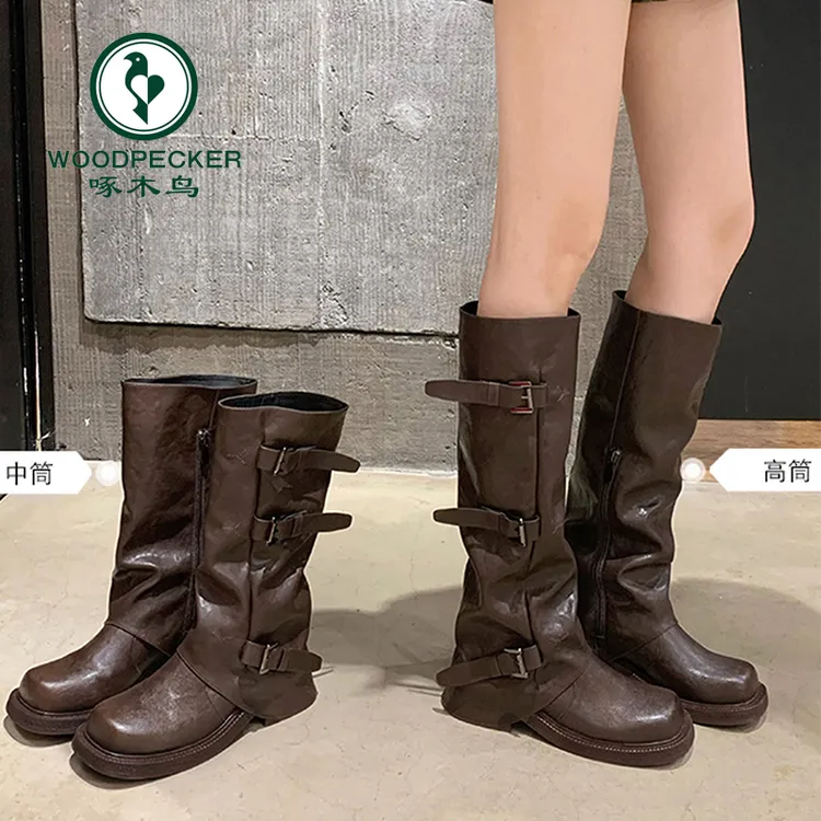 啄木鸟长筒靴女高筒靴堆堆裤管靴女2025秋季单靴中筒马丁靴骑士靴