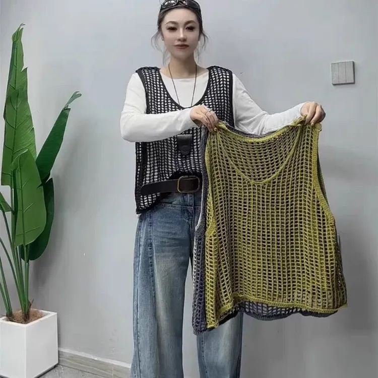 欧货2025春季新款显瘦百搭圆领套头镂空渔网马甲针织衫背心上衣女