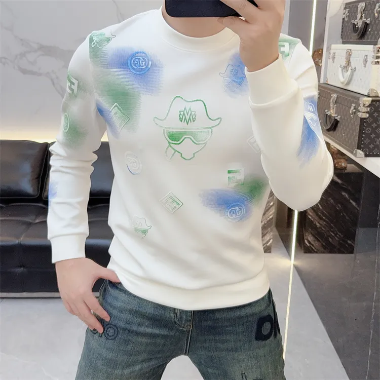 2025秋冬新款时尚修身帅气个性印花潮流圆领长袖百搭卫衣男打底衫
