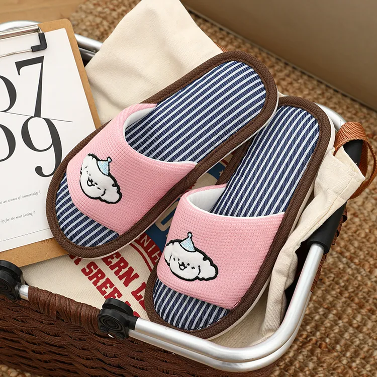 可爱小狗亚麻拖鞋2025年新款夏秋平底女士居家防滑亚麻底露趾拖鞋