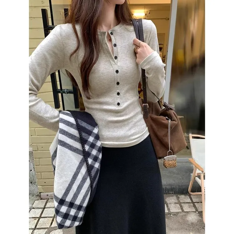 半开领长袖T恤女2025春季大码胖mm辣妹内搭修身显瘦打底衫上衣潮