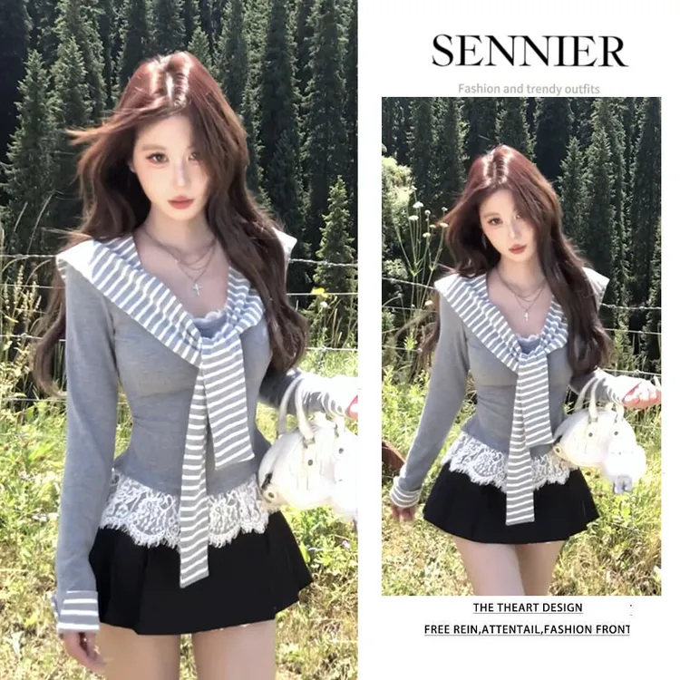 今年流行穿搭女2025早秋新款假两件纯欲蕾丝披肩上衣短裙两件套装