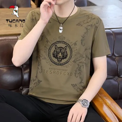 啄木鳥冰丝短袖男士恤男装新款圆领提花烫钻夏季半袖薄款韩版休闲