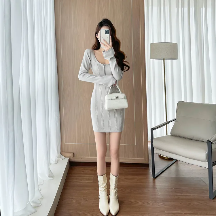 高腰秋冬显瘦法式前拉链连衣裙女2025年新款修身名媛拉链U领裙子