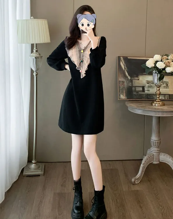 法式气质黑色连衣裙女春秋季2025新款荷叶边宽松显瘦黑色短款裙子