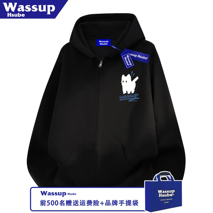 WASSUP HSUBE原创小猫印花卫衣男女拉链黑色开衫秋冬加绒连帽外套