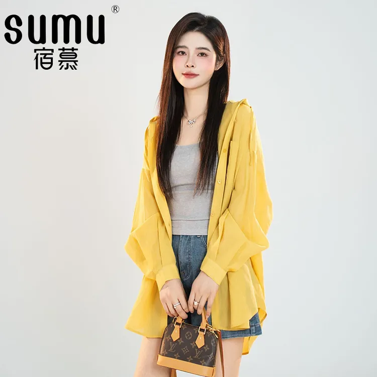 宿慕女装连帽防晒衬衫夏季百搭显瘦宽松衬衫上衣F6302D小雨通勤