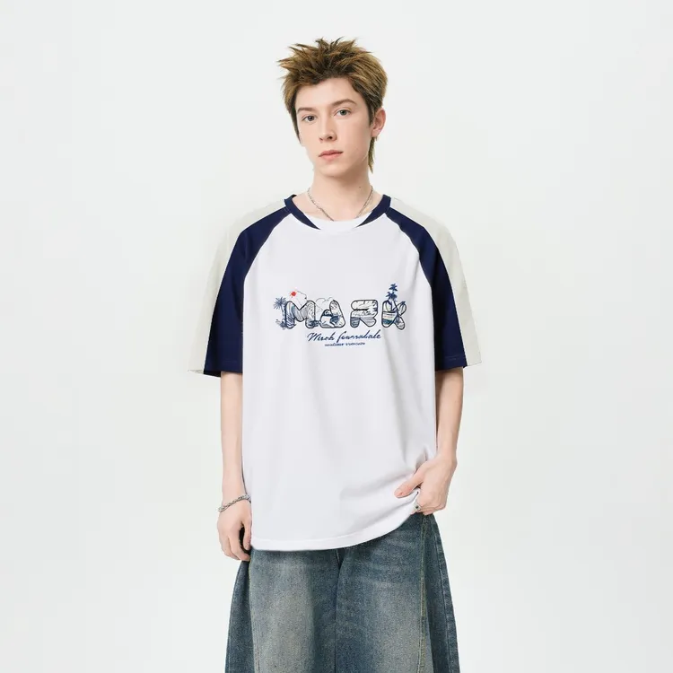 马克华菲夏季新款字母撞色插肩拼接宽松短袖T恤情侣百搭上衣男