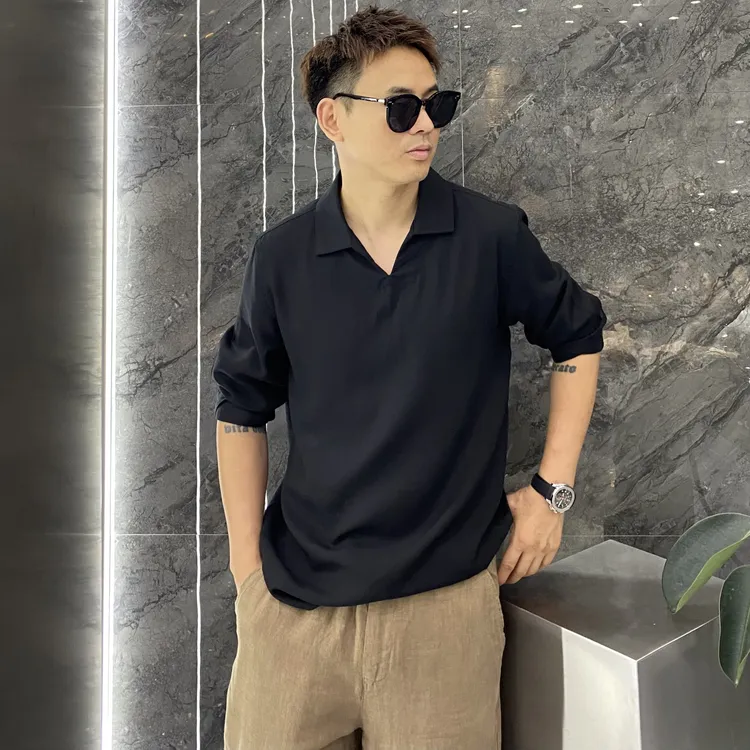 夏季超薄透气V领翻领中袖衬衫莱塞尔天丝亚麻七分袖吸汗凉爽衬衣