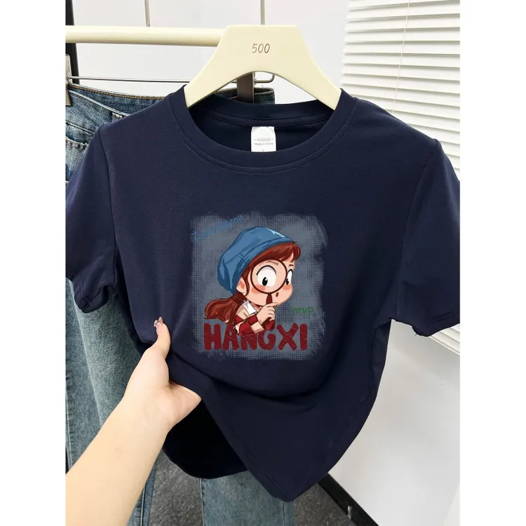 大码女装正肩短袖t恤夏季胖mm韩版洋气小女孩印花圆领半袖上衣服