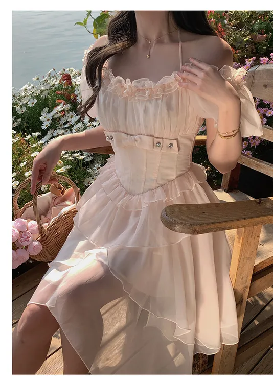 9919 Z海边精灵日记蓬蓬裙气质粉色短裙收腰设计感连衣裙