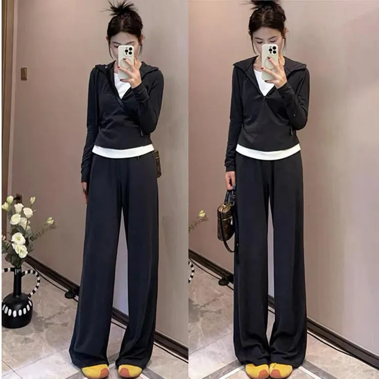 时尚休闲套装女2025秋季新款洋气显瘦假两件连帽卫衣阔腿裤两件套